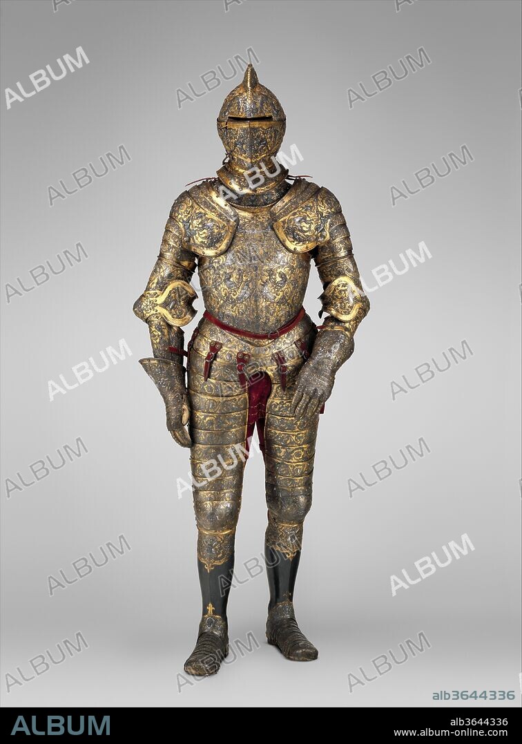 Armor of Henry II, King of France (reigned 1547-59). Culture: French, possibly Paris. Designer: Part of the decoration design by Jean Cousin the Elder (French, Souci (?) ca. 1490-ca. 1560 Paris (?)); Part of the decoration design possibly by Baptiste Pellerin (French, documented in Étampes 1542-75 Paris). Dimensions: H. 74 in. (187.96 cm); Wt. 53 lb. 4 oz. (24.20 kg). Date: ca. 1555.
This is one of the most elaborate and complete French parade armors, and it retains much of its original coloring. The surfaces are covered by dense foliate scrolls inhabited by human figures and a variety of fabulous creatures that derive from the Italian grotesque. The decoration includes, at the center of the breast, a Roman warrior receiving tribute of arms from two kneeling females and, on the shoulders, Apollo chasing the nymph Daphne (front) and Apollo with the slain monster Python (back). The crescent moon, one of the badges of Henry II (reigned 1547-59), appears in several places.
Twenty original design drawings for this armor survive. One is by Jean Cousin the Elder; the rest are by either Étienne Delaunne or Baptiste Pellerin. All three were distinguished Parisian artists of the mid-sixteenth century.