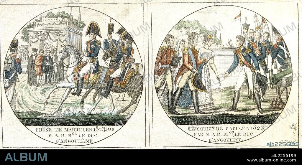 Ejército de ¿¿LOS CIEN MIL HIJOS DE SAN LUIS¿¿, capitaneados por el DUQUE DE ANGULEMA (1775-1844) que fue enviado por la SANTA ALIANZA en 1823 para poner fin al periodo conocido por ¿¿TRIENIO LIBERAL¿¿ (1820-1823) en España. Viñetas con ¿¿LA TOMA DE MADRID¿¿ (1823) y la ¿¿RENDICION DE CADIZ¿¿ (1823). Museo Municipal. Madrid. España.