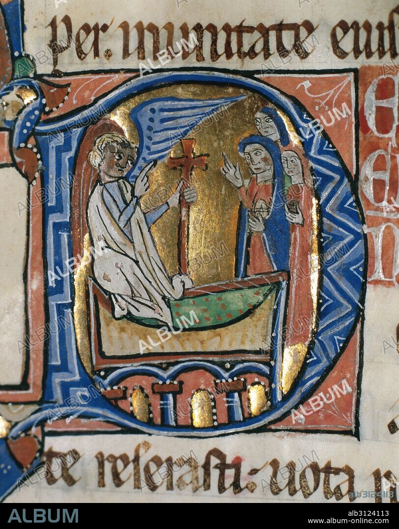 SIGLO XIII. SACRAMENTAL EPISCOPAL D'ELNA. Manuscrito en pergamino. 270 mm x 190 mm. 96 folios. Escriptorio de la Catedral d'Elna (?). (1275-1300). Escrito en letra minúscula gótica de gran formato y rúbricas en color rojo. Detalle de la letra capitular miniada del folio 45, con la representación de LAS TRES MARIAS DELANTE DE LA TUMBA DE JESUS JUNTO A UN ANGEL, con fondo de oro. Museu Episcopal de Vic. Provincia de Barcelona. Comarca de Osona. Cataluña.