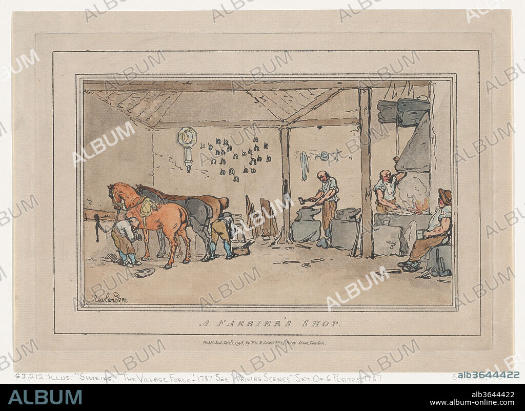 A Farrier's Shop. Artist: Thomas Rowlandson (British, London 1757-1827 London). Dimensions: Sheet: 7 13/16 × 10 11/16 in. (19.9 × 27.2 cm)
Plate: 6 7/8 × 9 13/16 in. (17.4 × 24.9 cm). Publisher: Valentine Green (British, Salford 1739-1813 London); Rupert Green (British, London ca. 1768-1804 London). Date: January 1, 1798.