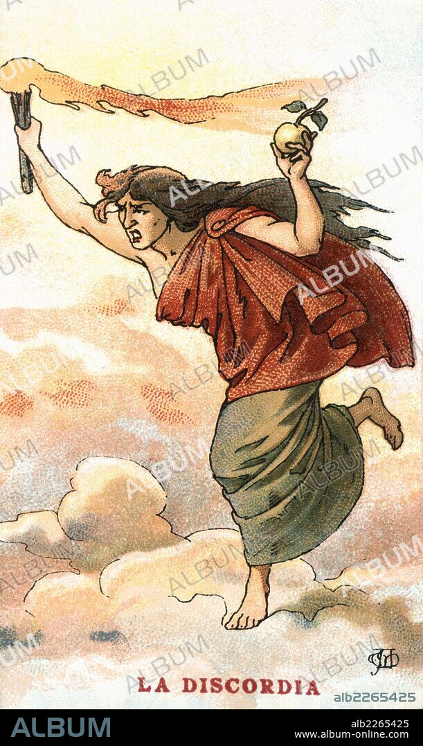 APEL·LES MESTRES I OÑÓS. Mitología. Eris, diosa de la Discordia. Según la leyenda se presentó ante Afrodita Heras y Atenea y les lanzó una manzana dorada con la inscripción "kallisti", para la más hermosa, lo que provocó una pelea entre las tres diosas. Años 1920.