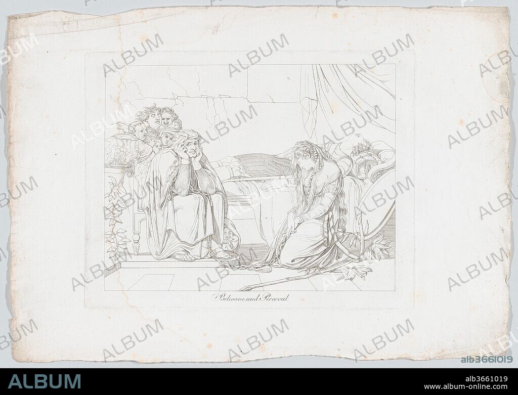 Belisane and Percival Under the Enchantment of Urma. Artist: After Henry Fuseli (Swiss, Zürich 1741-1825 London). Dimensions: Plate: 9 3/4 × 12 5/8 in. (24.8 × 32 cm)
Sheet: 13 9/16 × 19 3/16 in. (34.4 × 48.8 cm). Engraver: Johann Heinrich Lips (Swiss, Kloten 1758-1817 Zurich). Series/Portfolio: Heinrich Fuessli's Sämmtliche Werke, 1807, part II, no. 16. Date: 1806.