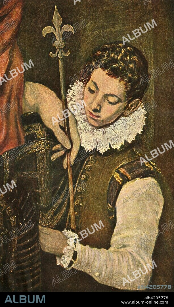 'St. Louis of France (or St. Ferdinand of Castile)', c1586-1590, (1938). Detail from 'Saint Louis, King of France, and a Page', painting in the Louvre, Paris, France. Illustration from Spanish Painting, by E Harris. [John Gifford Limited, London, 1938].