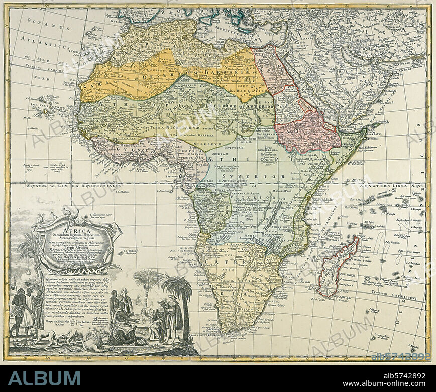 Afrika / Landkarten:. "AFRICA". (Landkarte des Kontinents Afrika mit figürlicher Kartusche). Kupferstich mit Grenz- und Flächenkolorit. Nürnberg (Joh. Bapt. Homann Erben) o. J. (18. Jahrhundert).