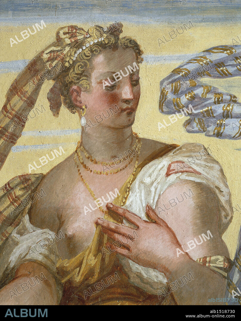 Italy - Veneto Region - Caldogno (Province of Vicenza) - Villa Caldogno, Sophonisba Hall. Venetian painter, 16th century. Nymph Nerina informs Daphne about presumptive death of Silvia. Fresco inspired by the play Aminta, by Torquato Tasso (1544-1595).