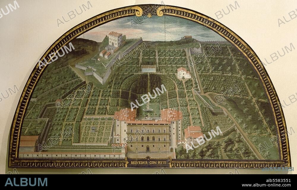 Florence / Firenze (Tuscany, Italy), Palazzo Pitti. (begun around 1457 by Luca Fancelli, extended from 1560). - "Belveder con Pitti". - (View of the Palazzo Pitti with Boboli Gardens and Forte Belvedere from the bird's eye view). Painting, c. 1599/1602, by Giusto Utens (Justus van Utens, died 1609). From a series of fourteen (originally seventeen) views of Medicean villas, formerly in the Villa La Ferdinanda in Artimino. Tempera on canvas, 143 × 285 cm. Inv. No. 6314. Florence, Villa Medicea La Petraia.