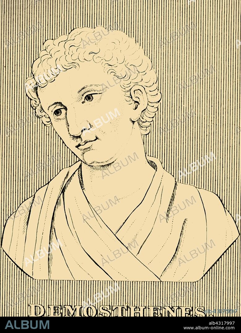 'Demosthenes', (384-322 BC), 1830. Demosthenes (384-322 BC) Greek statesman and orator of ancient Athens who learned rhetoric by studying the speeches of previous great orators. From "Biographical Illustrations", by Alfred Howard. [Thomas Tegg, R. Griffin and Co., J. Cumming, London, Glasgow and Dublin, 1830].