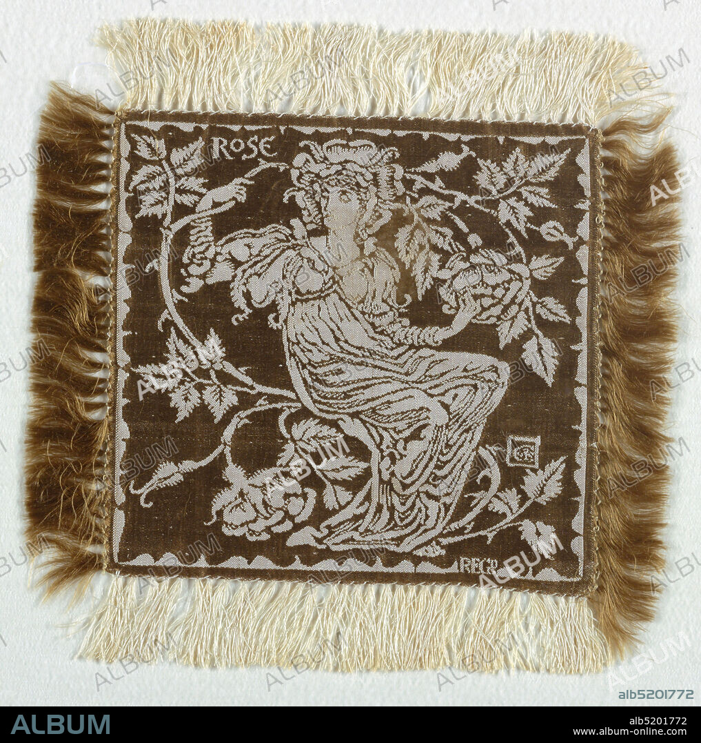 Flora's Retinue: Rose, Walter Crane, (English, 18451915), John Wilson & Sons, (England, 17781816), Medium: linen warp, silk weft Technique: 4 & 1 satin damask, Small square doily, fringed on all sides, with an ivory linen warp and a bronze-colored silk weft. A figure of a woman dressed as a rose with and sitting on the stem of a large rose, with the word ROSE in the upper left, all appearing in ivory on a bronze ground. A set of six, the doilies would have been used on the table as part of a dessert service., Great Britain, ca. 1891, woven textiles, Doily, Doily.
