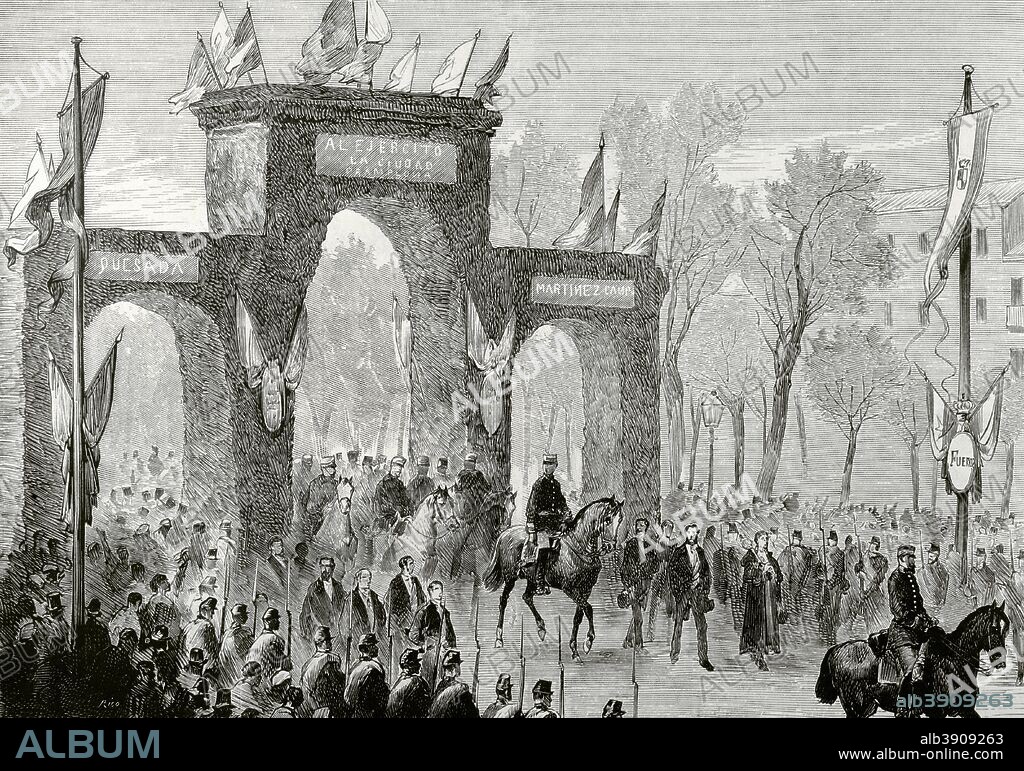Período de la Restauración Borbónica. Entrada de S. M. Alfonso XII de España (1857-1885) " El Pacificador" a la ciudad de Pamplona (Navarra), el 28 de febrero de 1876. Grabado por Rico. La Ilustración Española y Americana, 15 de Marzo de 1876. Biblioteca Histórico Militar de Barcelona, Cataluña, España.