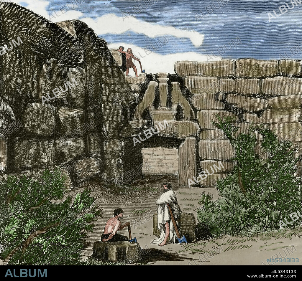 Greece. Mycenaean civilization. Bronze Age. 1600-1100 BC. Helladic period. Mycenae citadel. The Lion Gate. Engraving. La Civilizacion (The Civilization), volume I, 1881. Later colouration.