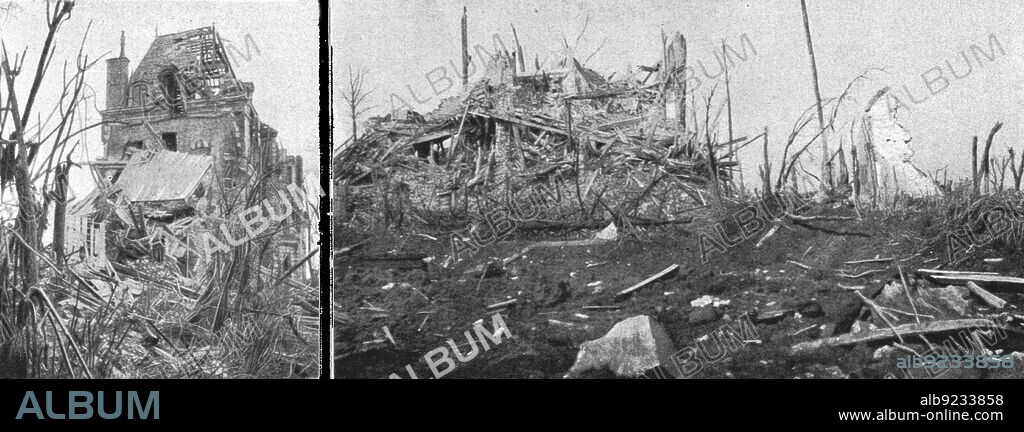 'La Bataille de la Somme; La prise de la Maisonnette : deux phases de la destruction du chateau de la Maisonnette', 1916. From "Collection de la Guerre IV. L'Illustration Tome CXLVIII. La Guerre Juillet, Aout, Septembre, Octobre, Novembre, Decembre 1916".