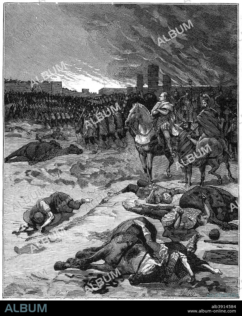 The sack of Rome by the Vandals, 455 (1882-1884). The 5th century saw increasing numbers of invasions of Roman territiory by migratory peoples from eastern and central Europe. In 455 the Vandals under their king, Geiseric, sailed across the Mediterranean from their kingdom in North Africa and sacked Rome itself. A print from La France et les Français à Travers les Siècles, Volume I, F Roy editor, Saint-Antoine, 1882-1884.
