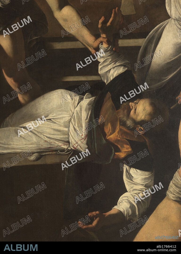 The Martyrdom of St. Matthew, by Michelangelo Merisi known as Caravaggio, 1599-1600, 16th Century, oil on canvas, cm 323 x 343. Italy, Lazio, Rome, San Luigi dei Francesi Church. Detail. Saint apostle evangelist St Matthew martyrdom garment drapery old man supine on the ground beard., photographic campaign 2009.