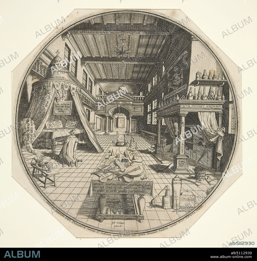 Artist: Peter van der Doort, Flemish, ca. 1570after 1600, Heinrich Khunrath, Alchemist of Leipzig, In His Library, Engraving, platemark: 21.4 cm (8 7/16 in.), Made in Flanders, Flemish, 17th century, Works on Paper - Prints.