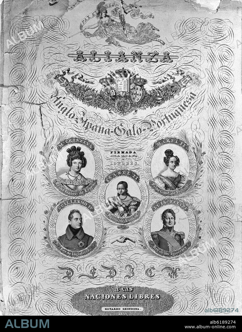 ALIANZA ANGLO HISPANA GALO PORTUGUESA - GRABADO SIGLO XIX.