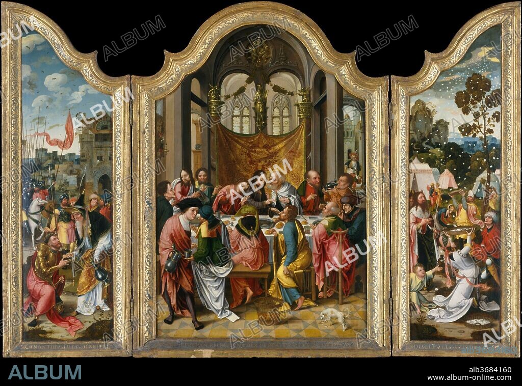 The Last Supper. Artist: Netherlandish (Antwerp Mannerist) Painters (first quarter 16th century). Dimensions: Overall, with shaped top and engaged frame: central panel 47 x 33 3/4 in. (119.4 x 85.7 cm); left wing 47 x 16 7/8 in. (119.4 x 42.9 cm); right wing 47 1/8 x 17 in. (119.7 x 43.2 cm). Date: 1515-20.
At least three artists collaborated on this well-preserved altarpiece, which is still in its original (though regilt) frame. Adam and Eve on the exterior are based on Dürer's 1504 engraving of the subject. The Old Testament scenes on the inner wings are prefigurations of the Last Supper, which is depicted in a fantastic Renaissance architectural setting on the central panel. The left wing shows the king and high priest Melchizedek outside the gates of Salem giving bread and wine to the patriarch Abraham. The right wing represents Moses and the Israelites in the desert fed by manna falling from heaven.