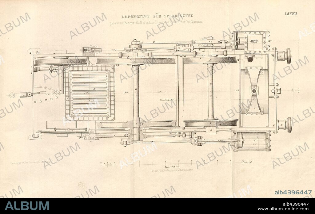 Locomotive for express trains built by Maffei's Hirschau ironworks near Munich, Floor plan, the boiler thought to have been taken away; Cylinder, pumps and fire box drawn on average, signed: Heusinger v., W, Lith., v, J. Lehnhardt; Publisher v., Ch. W. Kreidel, plate XXXVI, after p. 175, Heusinger von Waldegg, Edmund; Lith. Anstalt von J. Lehnhardt (lith.); Christian Wilhelm Kreidel Verlag (ed.), Edmund Heusinger von Waldegg; Wilhelm Clauss: Abbildung und Beschreibung der Locomotive-Maschine: nach den besten und neuesten Constructionen: unter Benutzung der englischen Werke von Tredgold, Kinnear Clark, und der französischen Schriften von Le Chatelier, Flachat, Petiet, Polonceau, Mathias und Armengaud. Wiesbaden: Verlag von Kreidel und Niedner, 1858.