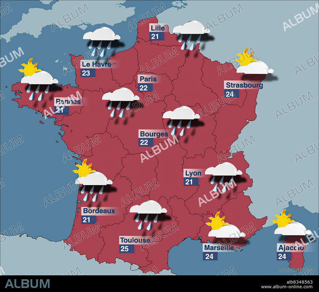 Forecast maps intended for the general public show only the forecast temperatures, precipitation, and cloud cover. They are thus very easy to read. The graphical symbols used for this type of map are not standardized, but vary according to the organization that produces the map.