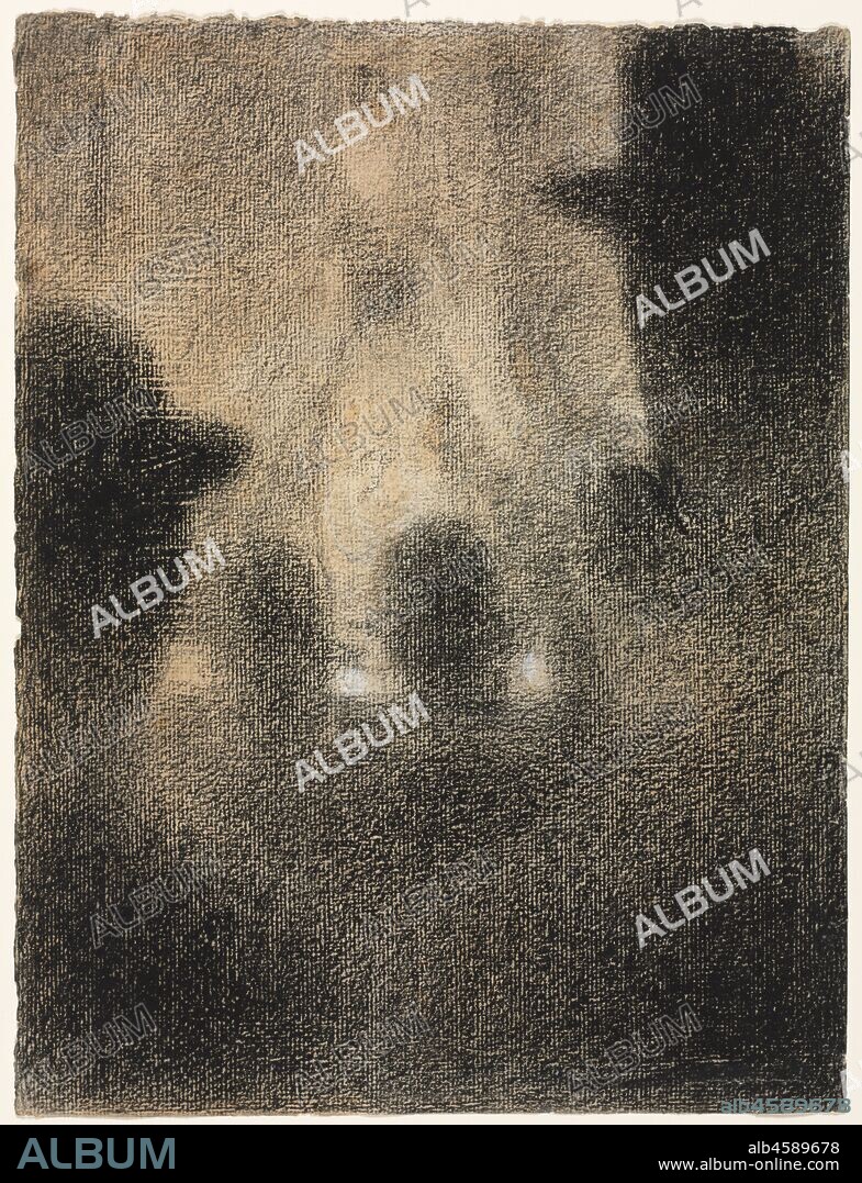 Café-concert, 1887-1888. Café-concerts were popular places of entertainment for the middle classes in Paris during the late 1800s and usually featured singers or other forms of vaudeville entertainers. Eight drawings by Seurat showing café-concerts exist, some depicting known establishments. Cleveland's drawing has an innovative viewpoint, in which we peer through the bowler hats of male viewers listening to a female singer on stage. Seurat typically used a black crayon manufactured by the Conté company, and its waxy quality allowed him to exploit the texture of paper to startling effect.