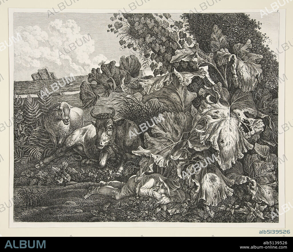 Artist: Carl Wilhelm Kolbe the elder, German, 17591835, Landscape, Etching, sheet: 32.4 × 43.6 cm (12 3/4 × 17 3/16 in.), Carl Wilhelm Kolbes most enigmatic works were intimate portraits of gnarled oaks, earning him the nickname Eichen-Kolbe. Kolbe even credited his motivation for becoming an artist to the motif: It is trees that have made me an artistif there were no trees in paradise I wouldnt give a penny for my peace of mind. For his fantastic forest interiors, Kolbe took inspiration from Dutch landscapists such as Jacob van Ruisdael, but the position of his trees in the immediate foreground is unique. Highly anthropomorphized, his oaks assume the role of protagonists, even when classical figures or animals are present. Romantic artists such as Kolbe also capitalized on the symbolic association between trees and national identity. , Made in Germany, German, 19th century, Works on Paper - Prints.