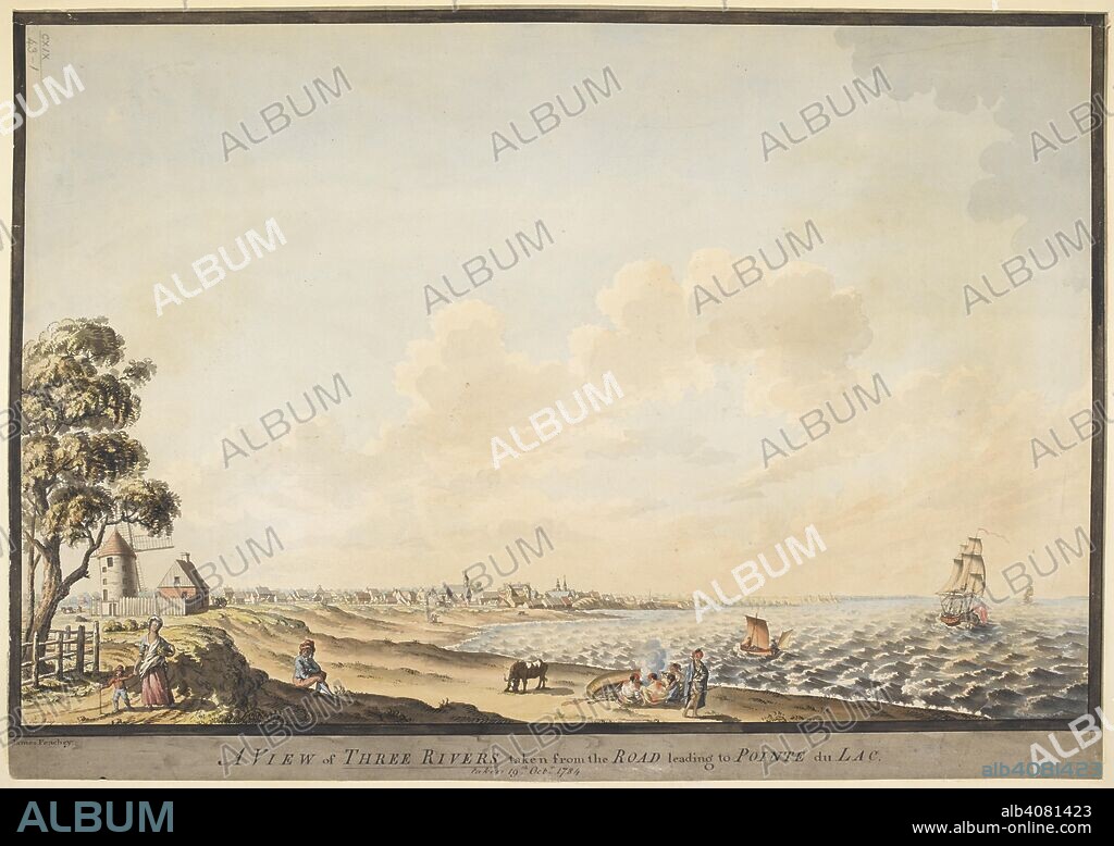JAMES PEACHEY. American Indians sitting by a boat on the shore; a mother and child, a windmill and a tree to the left; ships on the water; the city of Trois-RivieÌ€res in the distance. A VIEW of THREE RIVERS taken from the ROAD leading to POINTE du LAC. Taken 19th Octr 1784. Pen and black ink with watercolour. Source: Maps K.Top.119.43.1. Language: English.