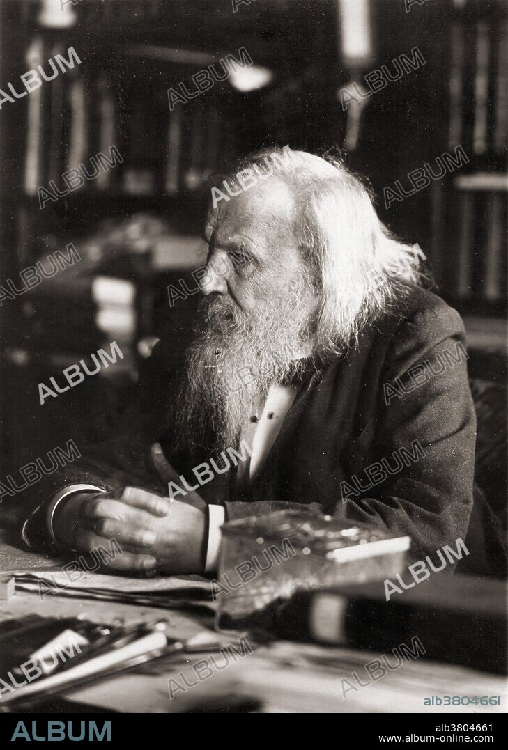 Dmitri Ivanovich Mendeleev (February 8, 1834 - February 2, 1907) was a Russian chemist, inventor and credited as being the creator of the first version of the periodic table of elements. Using the table, he predicted the properties of elements yet to be discovered. In 1863 there were 56 known elements with a new element being discovered at a rate of approximately one per year. After becoming a teacher, Mendeleev wrote the definitive textbook of his time: Principles of Chemistry (two volumes, 1868-70). As he attempted to classify the elements according to their chemical properties, he noticed patterns that led him to postulate his periodic table which described elements according to both atomic weight and valence. The Russian chemist and science historian Lev Chugaev has characterized him as "a chemist of genius, first-class physicist, a fruitful researcher in the fields of hydrodynamics, meteorology, geology, certain branches of chemical technology (explosives, petroleum, and fuels) and other disciplines adjacent to chemistry and physics, a thorough expert of chemical industry and industry in general, and an original thinker in the field of economy." He died in 1907 from influenza at the age of 72.