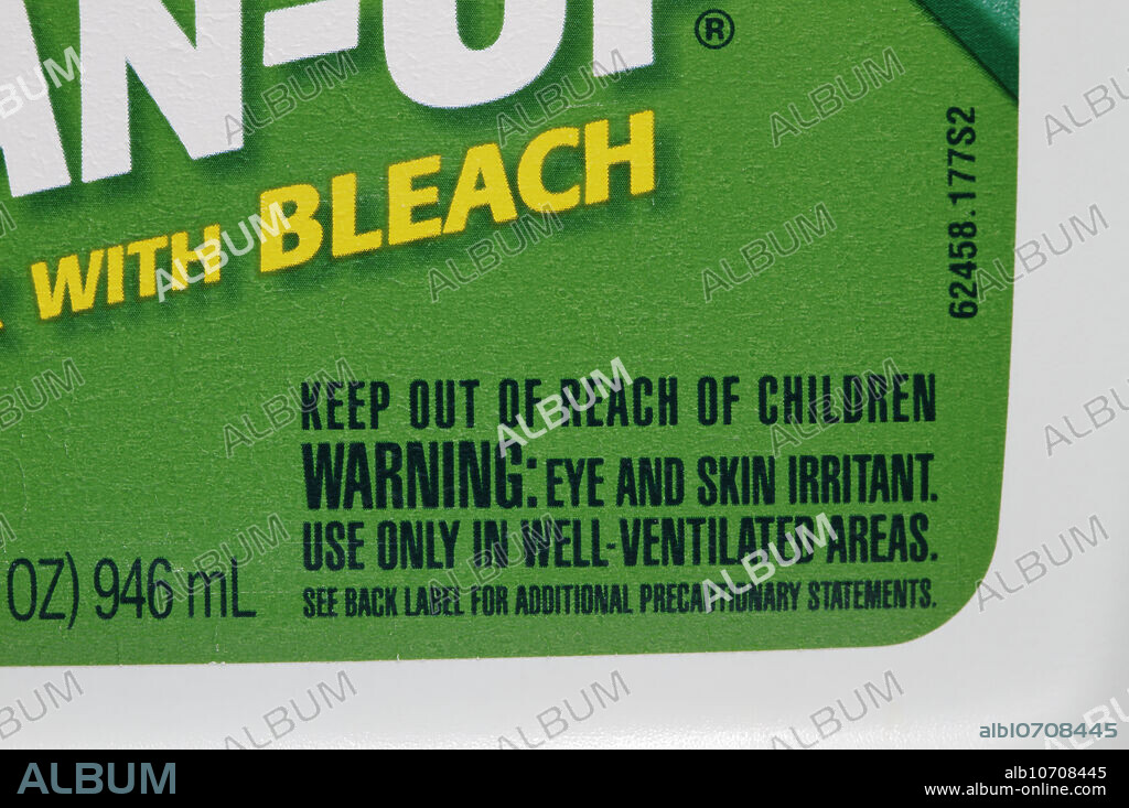 Bleach warning label. Close-up of a label on a Clorox household cleaner that contains sodium hypochlorite (chlorine bleach). Sold in the USA.