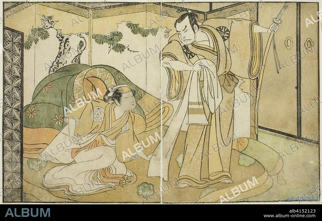 The Actors Nakamura Nakazo I as Taira no Kiyomori (right), and Yamashita Kinsaku II as Tokiwa Gozen (left), in the Play Nue no Mori Ichiyo no Mato, Performed at the Nakamura Theater in the Eleventh Month, 1770. Katsukawa Shunsho ?? ??; Japanese, 1726-1792. Date: 1767-1777. Dimensions: 17.4 x 27.7 cm (6 7/8 x 10 7/8 in.). Color woodblock print; from the illustrated book Yakusha Kuni no Hana (Prominent Actors of Japan). Origin: Japan.