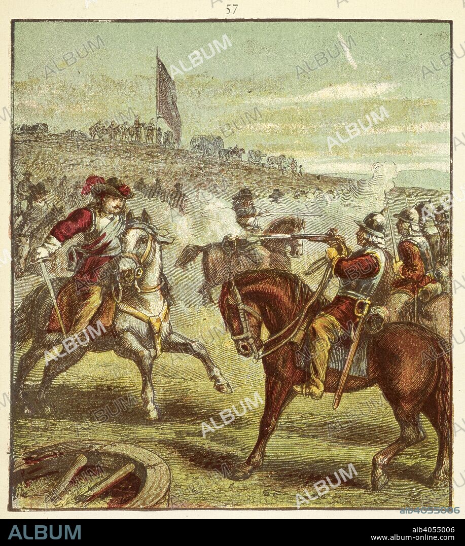 'The battle of Naseby'. The Battle of Naseby was the key battle of the first English Civil War. On 14 June 1645, the main army of King Charles I was destroyed by the Parliamentarian New Model Army commanded by Sir Thomas Fairfax and Oliver Cromwell. Pictures of English History. From the earliest times to the present period. With ninety-three pictures, printed in colour by Kronheim. London : George Routledge & Sons, [1868]. Source: 9505.ff.6 picture 57. Language: English.
