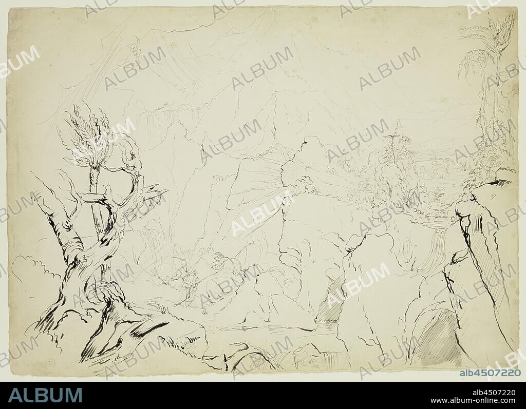 Thomas Cole, American, 1801-1848, Sketch for Expulsion from the Garden of Eden, 1827 or 1828, brush and black ink and gray wash over graphite pencil on off-white wove paper, Sheet (irreg.): 13 3/4 × 19 1/4 inches (34.9 × 48.9 cm).