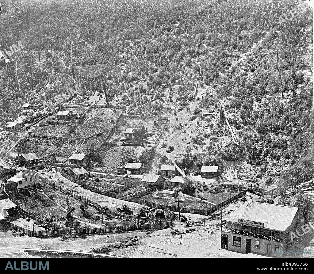 Negative - Looking Down on the Township, Walhalla, Victoria, circa 1890, Looking down on Walhalla, the Grand Hotel is in the foreground.