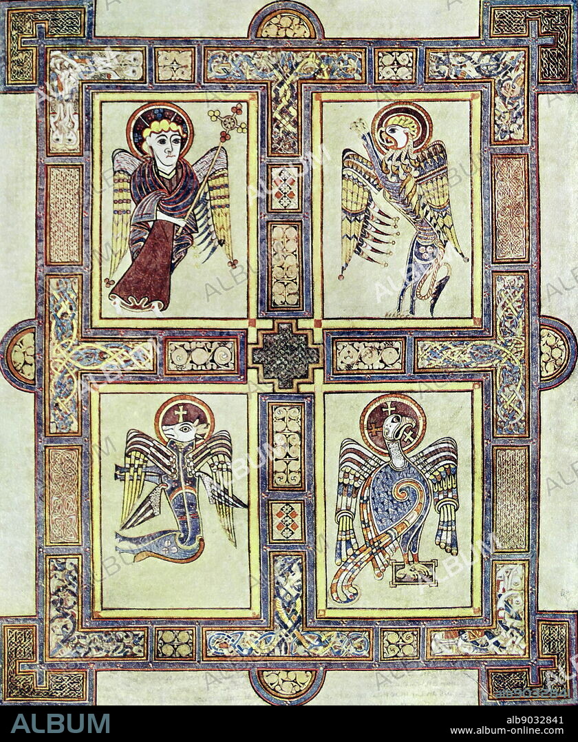 evangelical symbol from the Book of Kells. Fol. 27 V. The Book of Kells is an illuminated manuscript Gospel book in Latin, containing the four Gospels of the New Testament together with various prefatory texts and tables. It was created in a Columban monastery in Ireland, c. 800 AD.