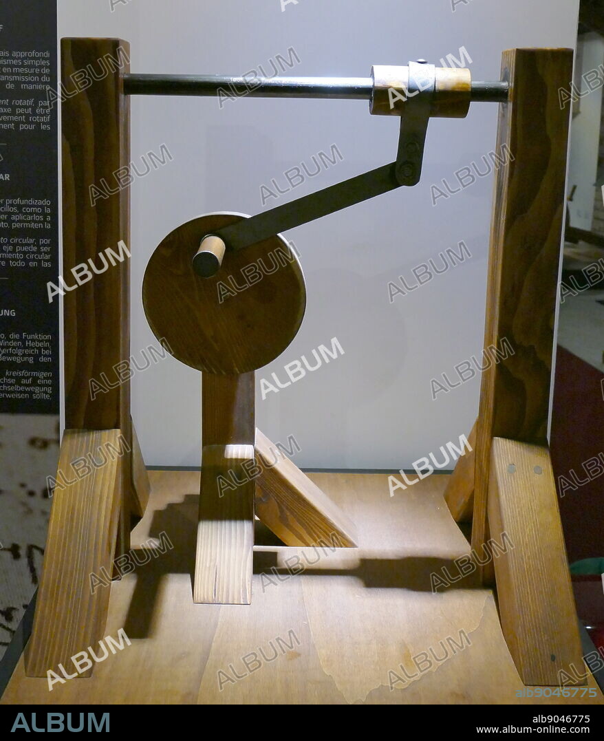 model of Leonardo Da Vinci's mechanism, for the transformation of Circular Motion. proved to be extremely useful, especially for machines used in the textile industry. based on a drawing by Leonardo da Vinci (1452-1519), Italian artist and polymath. Madrid Codex I, folio 29 v.