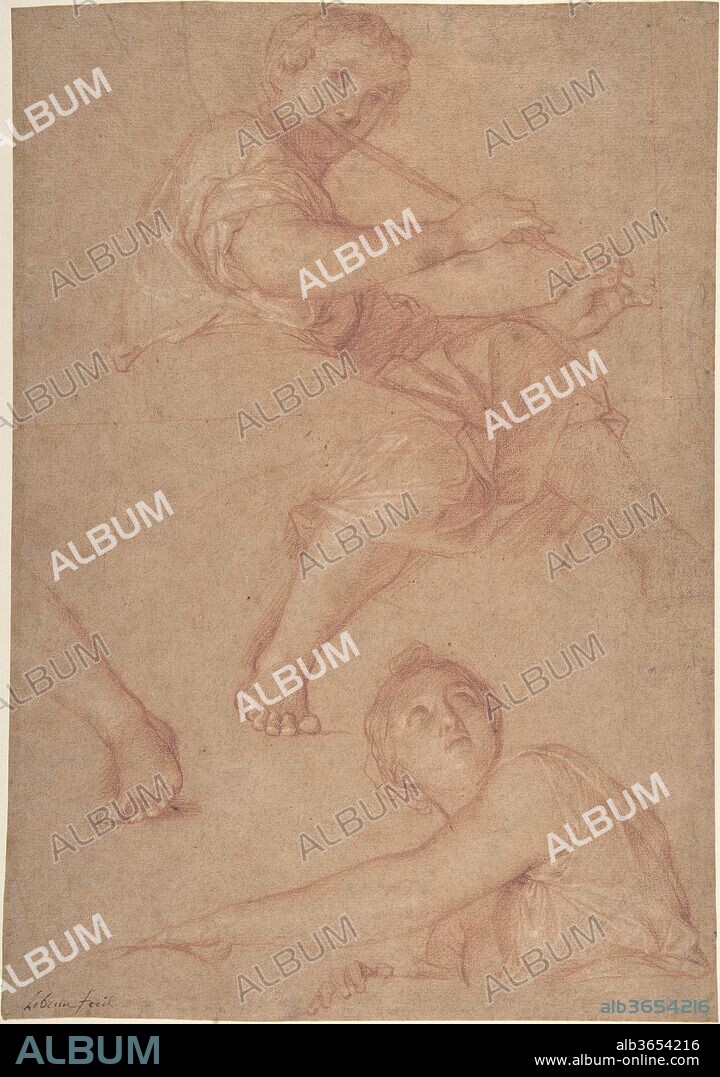 Two Muses. Artist: Charles Le Brun (French, Paris 1619-1690 Paris). Dimensions: 14 3/16 x 9 13/16 in. (36 x 25 cm.). Date: 17th century.
This drawing is a preparatory composition for a ceiling painting in the Hôtel de la Rivière on the Place Royale, which is today 14 place des Vosges. Built for Antoine Ribaud, controller of finances from 1606-1607, the hôtel was acquired in 1652 by Louis Barbier de la Rivière, bishop of Langres.  The contract for the commission dates December 31, 1652, and it details the decoration of two adjacent rooms on the first floor: "la Grand Chambre" and "le Grand Cabinet." Le Brun painted a Triumph of Psyche on the ceiling of the Grande Chambre, which depicted four scenes depicting episodes from the life of Psyche.  In addition, each corner of the coving contained eight muses called upon by Apuleius to entertain guests at the wedding of Cupid and Psyche. The MMA sheet depicts the muse of music, Euterpe, who plays a flute; the second muse is Urania, the muse of astronomy, whose hand rests on her attribute-- the celestial globe.