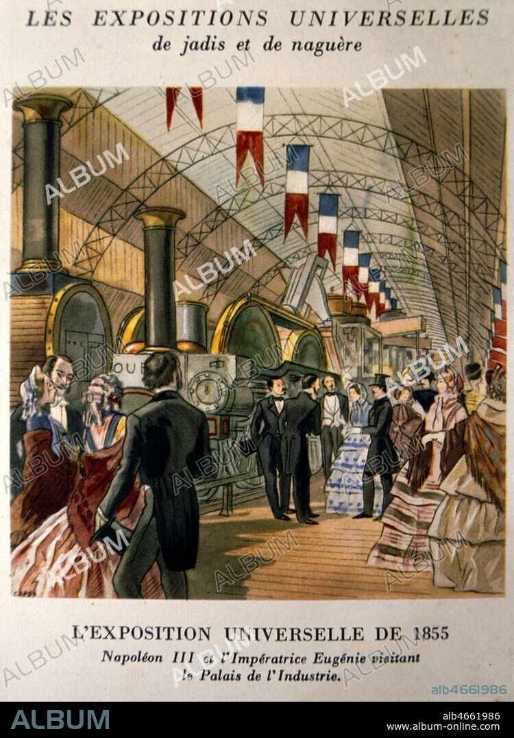 Exposition universelle de 1855 : Napoleon III (1808-1873) et l'Imperatrice Eugenie visitant le palais de l'industrie. Illustration de Georges CAPON (1890-1980)(ADAGP) issue d'une serie sur les Expositions Universelles de jadis et naguere. Coll. Perrin/KHARBINE-TAPABOR.