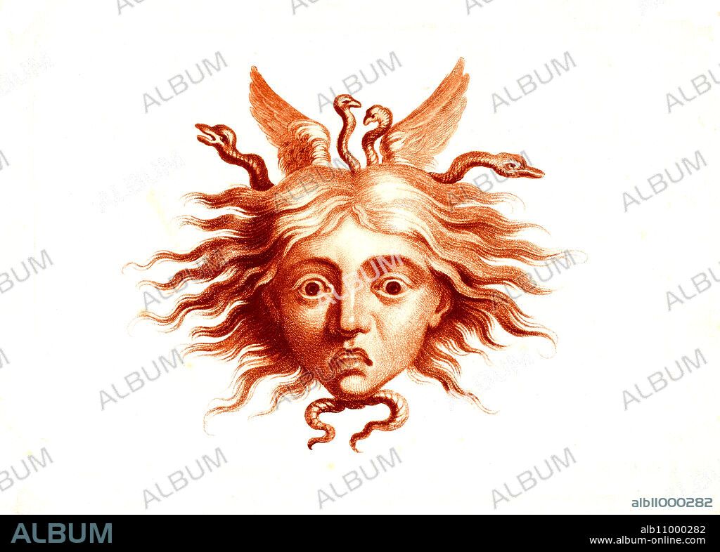Head of Medusa, in Greek mythology a Gorgon, the daughter of the sea deities Phorkys and Keto, with snake hair, Historical, digitally restored reproduction from a 19th century original.