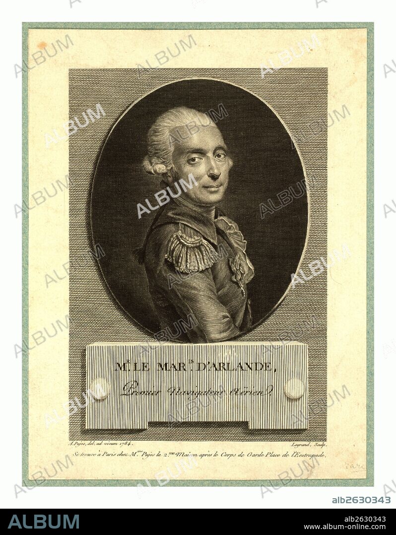 Mr. le maris. d'Arlande, first aerial navigator, Pujos, André, 1738-1788, artist, Half-length portrait of French balloonist Marquis François Laurent d'Arlande in uniform.