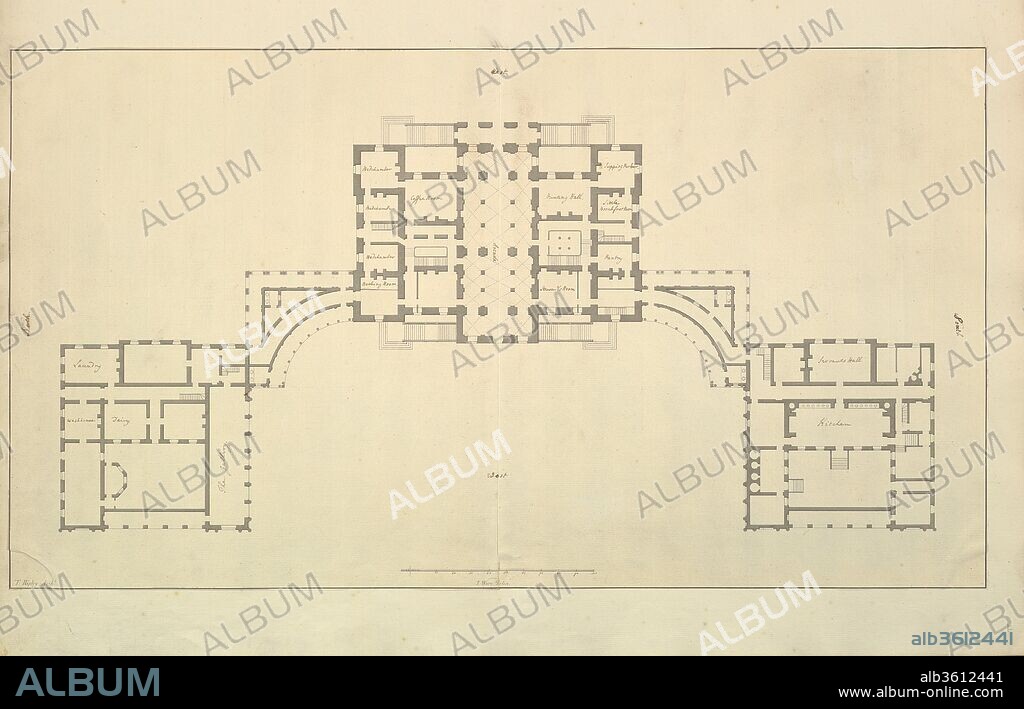 Houghton Hall, Norfolk, Ground Floor (Basement) Plan. Artist and architect: Isaac Ware (British, before 1704-1766 Hampstead). Dimensions: sheet: 14 15/16 x 27 3/16 in. (38 x 69 cm). Date: 1735.