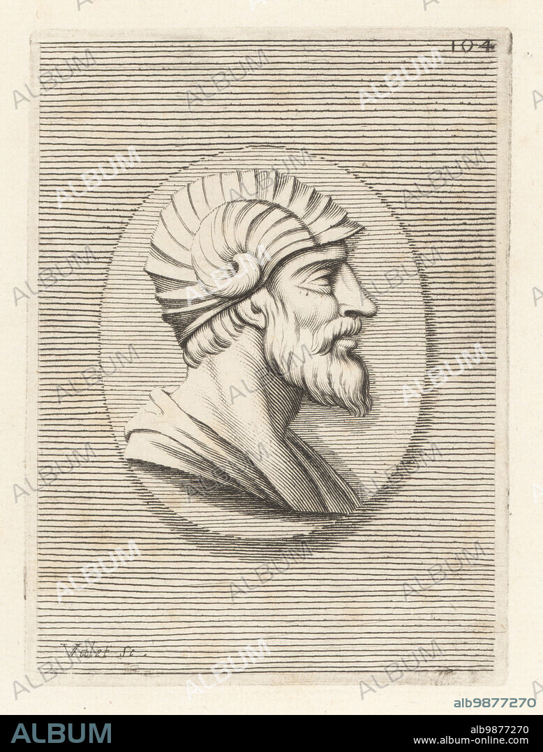 Oval portrait of a bearded man wearing a helmet with ram's horns, horns of Ammon, the symbol of Egyptian god Amun. Copperplate engraving by Guillaume Vallet after Giovanni Angelo Canini from Iconografia, cioe disegni d'imagini de famosissimi monarchi, regi, filososi, poeti ed oratori dell' Antichita, Drawings of images of famous monarchs, kings, philosophers, poets and orators of Antiquity, Ignatio deLazari, Rome, 1699.