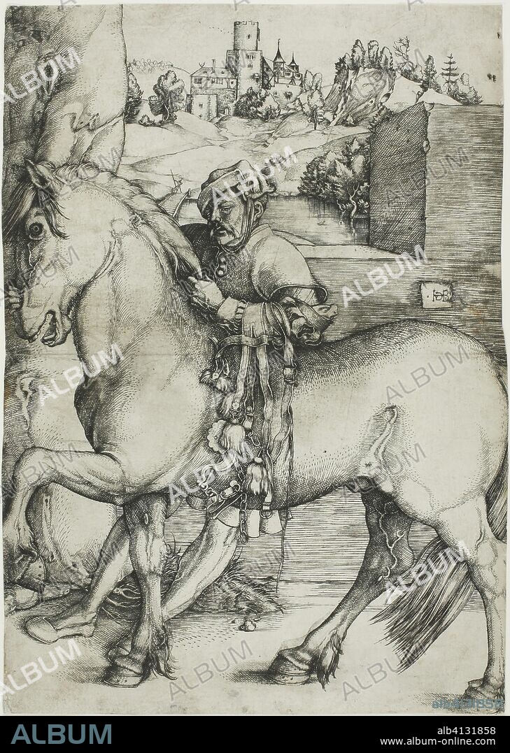 A Groom Bridling a Horse. Hans Baldung Grien; German, c. 1480-1545. Date: 1540-1545. Dimensions: 278 x 197 mm (image/sheet trimmed within platemark). Engraving in black on ivory laid paper. Origin: Germany.