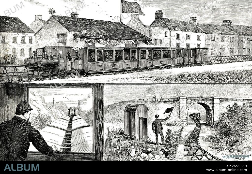 Tren Lartigue, ferrocarril experimental monorrail instalado en Irlanda, entre las poblaciones de Listowel y Ballybunión.Grabado de 1888.