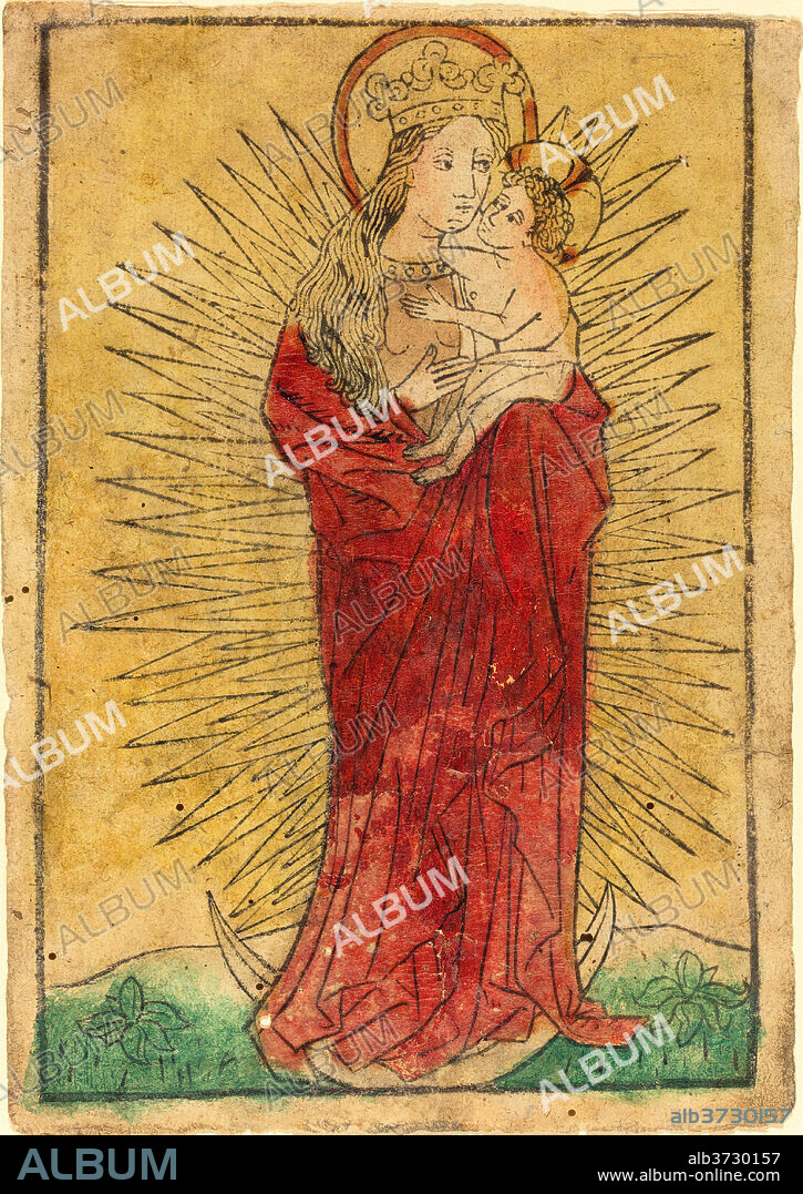 GERMAN 15TH CENTURY. Madonna and Child in a Glory Standing on a Crescent Moon. Dated: 1450/1460. Medium: woodcut in gray-black, hand-colored in red lake, yellow, green, and brown.