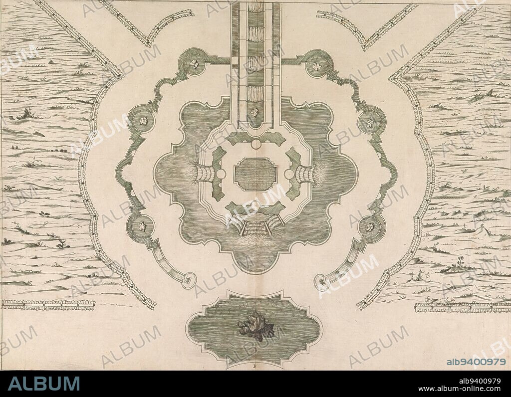 Map of part of the water play at Karlsberg, Delineatio montis a metropoli Hasso-Cassellana uno circiter milliari distantis ( ( (...)) (series title), Disegno del monte situato presso la citta metropolitana di Cassel ( ( (...)) (series title), Print is part of an album., print maker: anonymous, after drawing by: Giovanni Francesco Guerniero, printer: Heinrich Harmes, print maker: Italy, after drawing by: Italy, printer: Kassel, Italy, Germany, 1706, paper, etching, height 381 mm × width 523 mm.
