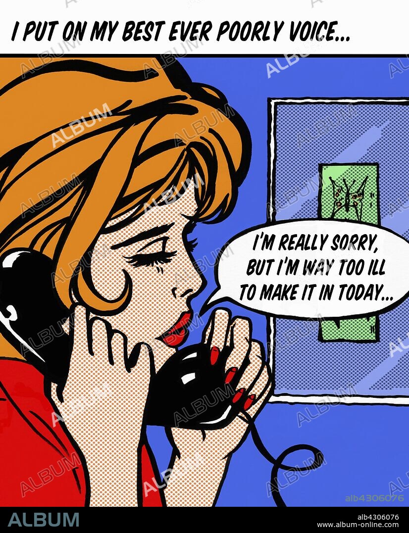 Close up of woman on telephone calling work with speech bubble pretending to be sick.