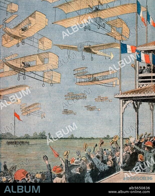 Traffic / Aviation / Planes:. "La Grande Semaine d'Aviation". (Plaines over the plain of Betheny). Colour print. Fr.: Le Petit Journal, Suppl. Illustr., Year 20 (Paris) 5 September 1909.