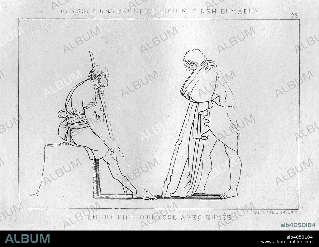 Odysseus talks with Eumaeus, the swineherd, c1833. A scene from Homer's Odyssey.