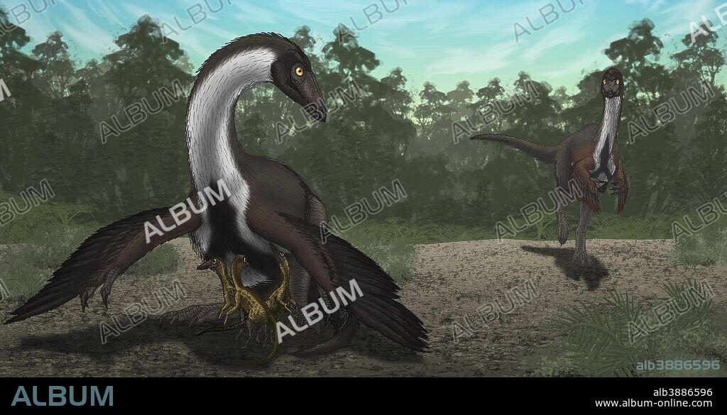 Ornithomimus mother dinosaur with juveniles, along with an adult male in a Cretaceous forest.
