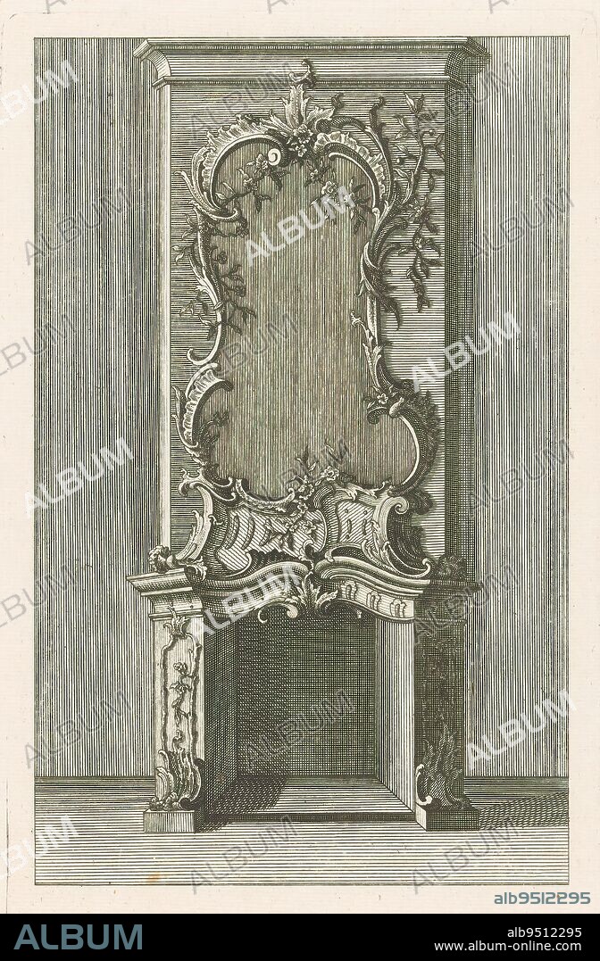 Fireplace with cartouche, Fireplaces (series title), Camines Italienes / Italiänische Camine (series title), Rocaille fireplace with cartouche. Publisher's number 58., print maker: anonymous, after drawing by: Franz Xaver Habermann, (mentioned on object), publisher: Johann Georg Hertel (I), (mentioned on object), Augsburg, 1731 - 1775, paper, engraving, etching, height 294 mm × width 179 mm.