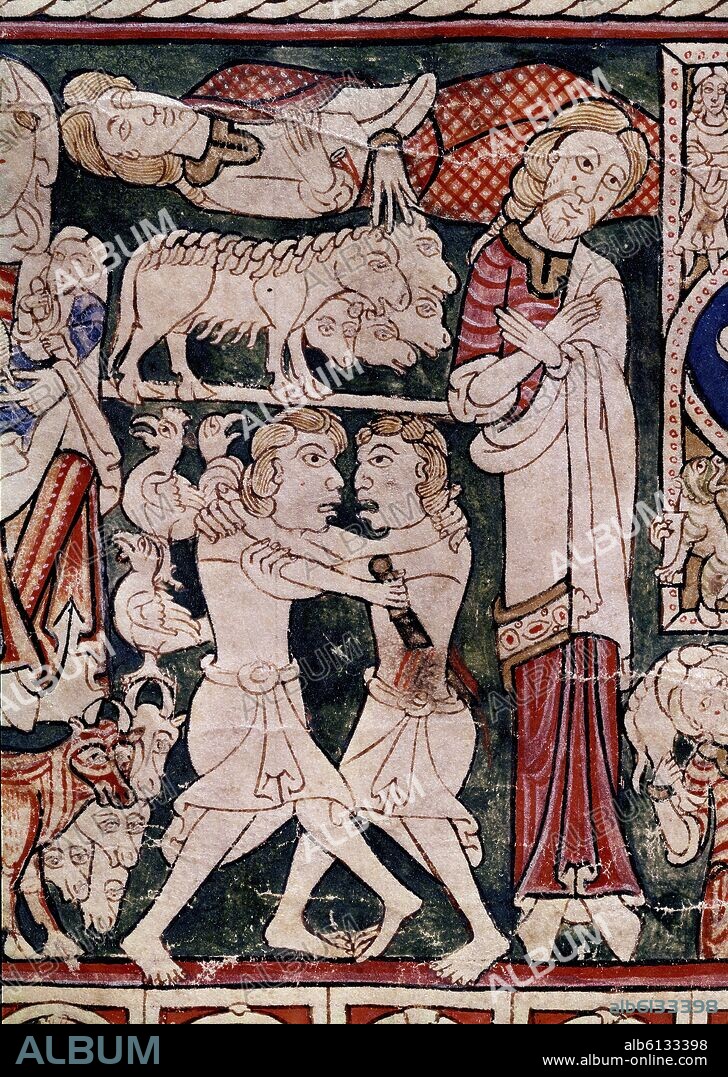 BIBLIA SACRA DE BURGOS - ADAN Y EVA, PECADO ORIGINAL, EXPULSION DEL PARAISO Y CAIN Y ABEL - SIGLO XII - MS 173-F 12V - PROCEDE DE SAN PEDRO DE CARDEÑA.
