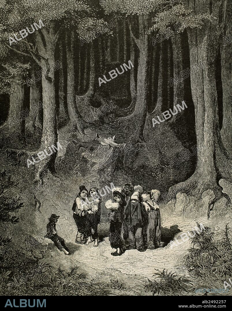 Charles Perrault (1628-1703). French writer. Hop-o'-My-Thumb. The children realize that they are lost in the forest. Engraving by Gustave Dore.